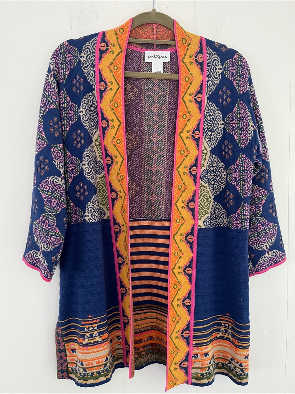 Peck & Peck Boho Royal Blue Mustard Yellow Pink Floral Open Cardigan Size Small - Picture 2 of 12